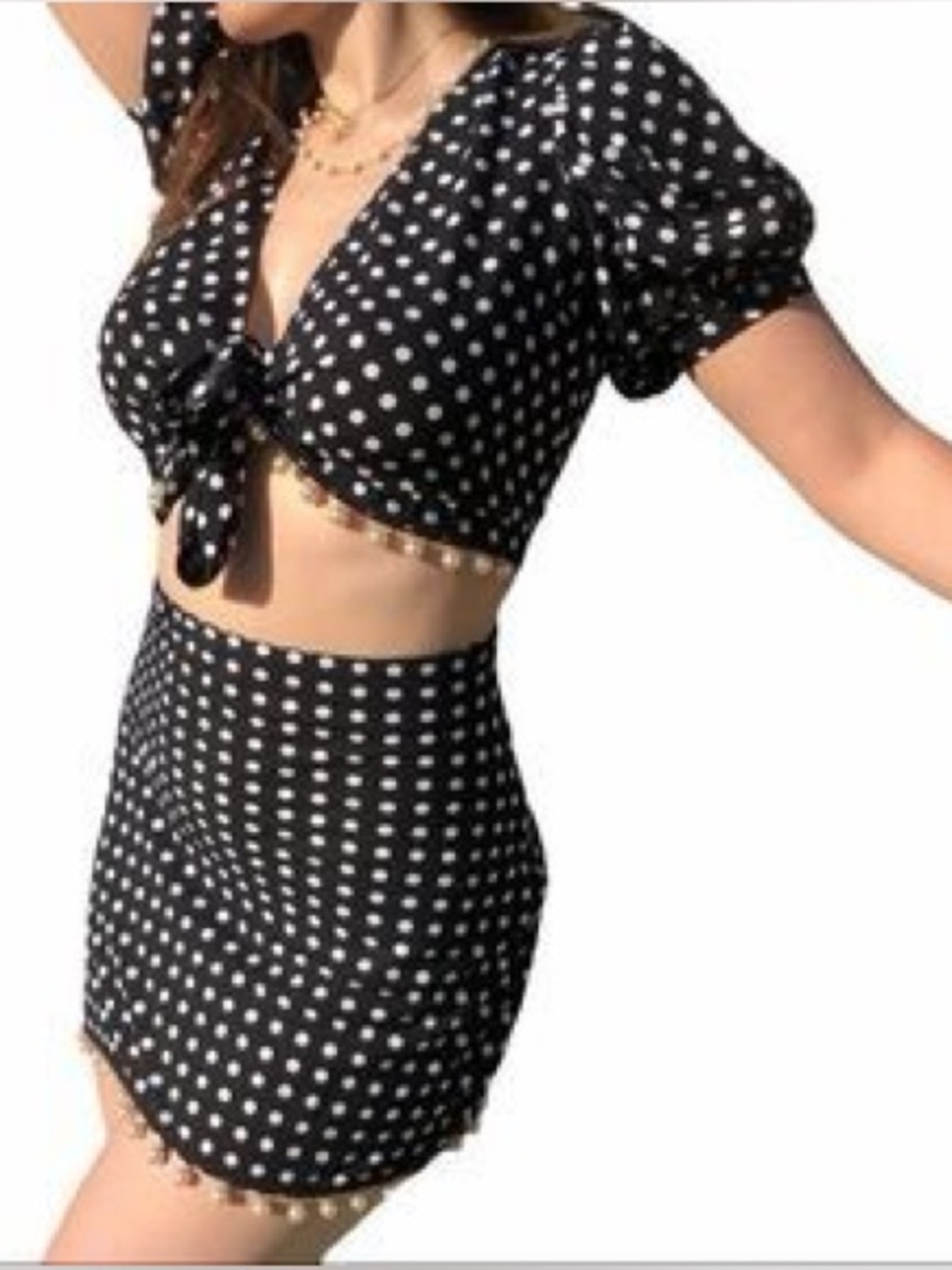 Courtyard LA Beaded Pearl Black & White Polka Dot Mini Skirt & Top Set